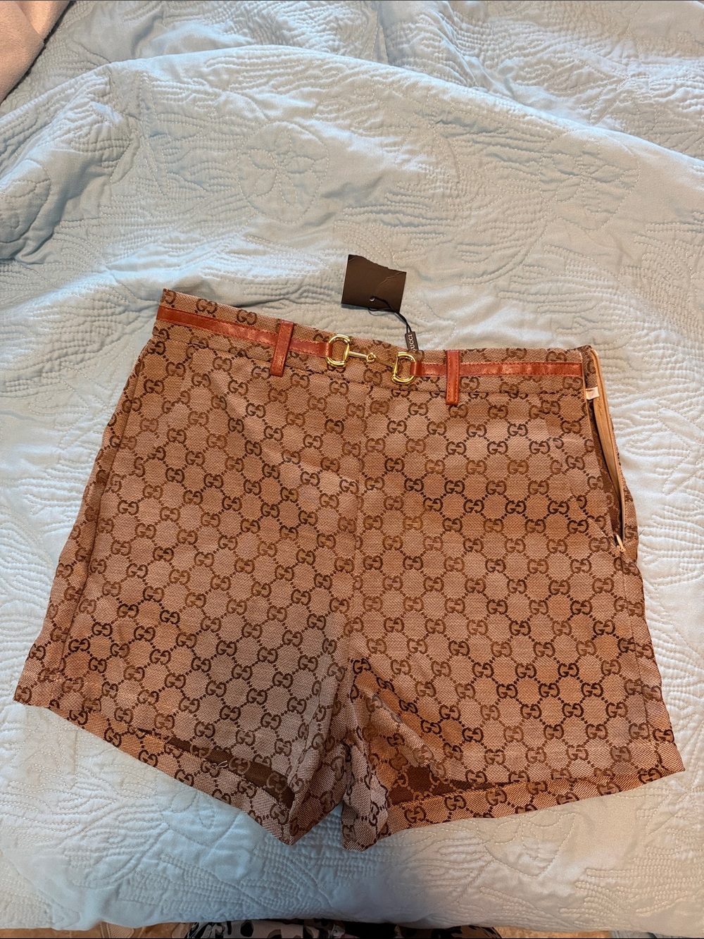 Brown Monogram Women’s Bermuda Shorts Gucci with Gold Buckle Detail size small